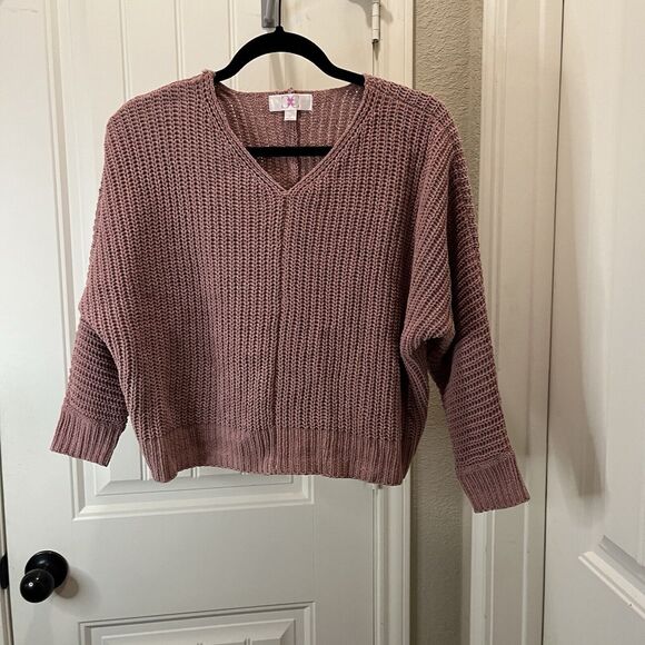Chloe & Cyrus Tania V Neck Sweater Dark Pink Mauve Womens Size M Dolman Oversize - Picture 2 of 11